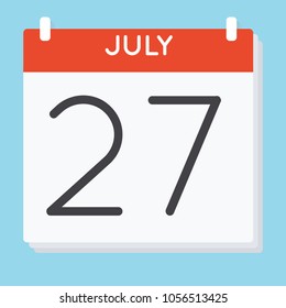July 27. Calendar icon. Vector illustration in flat design isolated in blue background. Date and time, day, month.