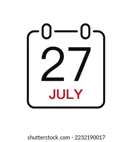 July 27 date on the calendar, vector line stroke icon for user interface. Calendar with date, vector illustration.