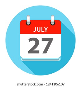 July 27 Date on a Single Day Calendar in Flat Style with long flat shadow on a blue background