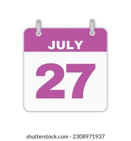 July 27th calendar leaf. July 27 calendar icon calendar page vector illustration