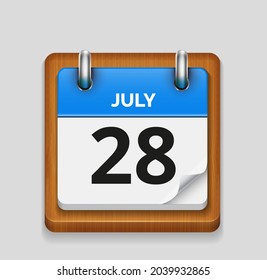 July 28 blue daily realistic calendar with wooden frame icon date vector image