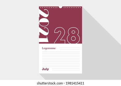 July 28 Calendar 2021 on notebook paper white and green background with your logo