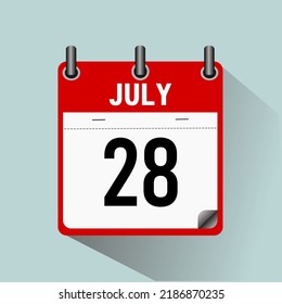 28 de julio, ilustración vectorial de icono del calendario, aislada en fondo azul claro.