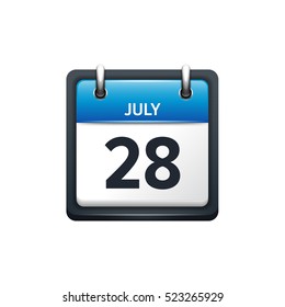 July 28. Calendar icon.Vector illustration,flat style.Month and date.Sunday,Monday,Tuesday,Wednesday,Thursday,Friday,Saturday.Week,weekend,red letter day. 2017,2018 year.Holidays.