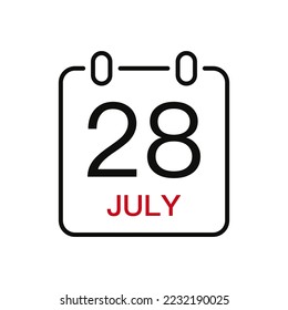 July 28 date on the calendar, vector line stroke icon for user interface. Calendar with date, vector illustration.