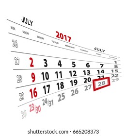 July 28, highlighted on 2017 calendar. Vector Illustration.