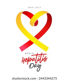 July 28 - World Hepatitis Day. Red and yellow awareness ribbon folded in the shape of a heart. Beautiful lettering. Inflammatory liver disease. Vector illustration on a white background.