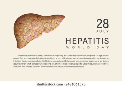 28 de julio, día mundial de la hepatitis. Papel amarillo cortado en forma de hígado y cinta amarilla y roja. Diseño de Vectores de órganos del aparato digestivo para medicina, ciencia o educación