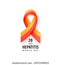 July 28 world hepatitis day. Yellow and red 3D ribbon isolated on a white background and text. Digestive system organs vector design for medicine, science or education