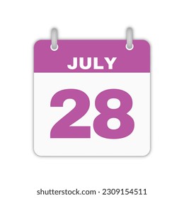 July 28th calendar leaf. July 28 calendar icon calendar page vector illustration
