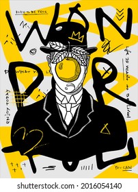 July. 29, 2021: Son Of Man By Rene Magritte. Yellow Hand Lettering Modern Design.
