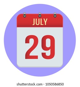 July 29. Vector flat daily calendar icon. Date and time, day, month 2018. Holiday. Season.