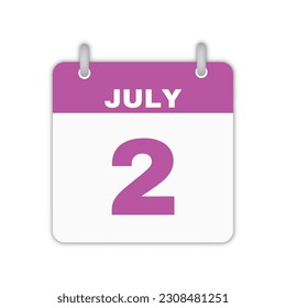 July 2nd calendar leaf. July 2 calendar icon calendar page vector illustration