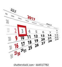 July 3, highlighted on 2017 calendar. Vector Illustration.