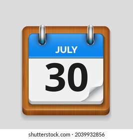 July 30 blue daily realistic calendar with wooden frame icon date vector image