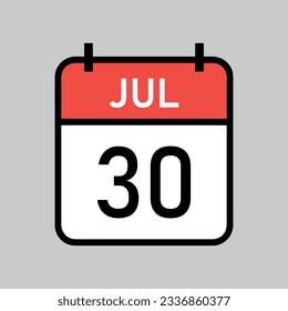 july 30 red and white color calendar page with black outline, calendar date vector illustration
