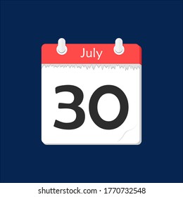 30 de julio. Icono de calendario diario plano vectorial. Fecha y hora, día, mes. Vacaciones.