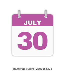 July 30th calendar leaf. July 30 calendar icon calendar page vector illustration