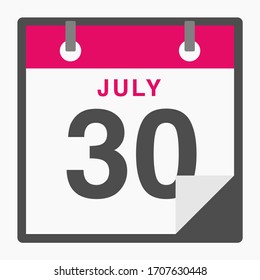 July 30th Flat icon calendar isolated on white background. Vector illustration
