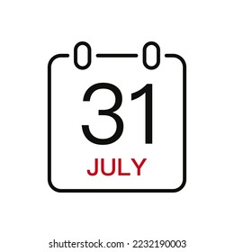 July 31 date on the calendar, vector line stroke icon for user interface. Calendar with date, vector illustration.