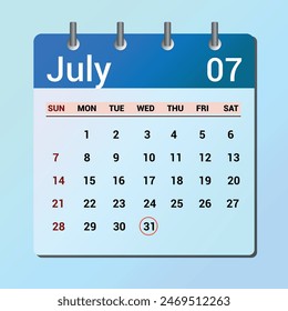July 31. Flat icon calendar isolated on blue background. Date and month vector illustration