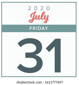 July 31st, 2020. Calendar day icon. Red and grey color.