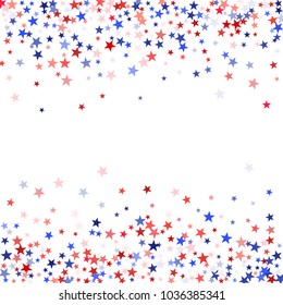 July 4 background with stardust frame. Red and blue stars border, American Independence Day graphic design. Flying holiday star dust confetti for President Day celebration. Empty space for text.