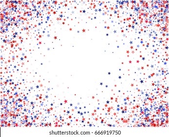 July 4 background with stardust frame. Red and blue stars border for American Independence Day graphic design. Flying holiday confetti for President Day celebration. Horizontal banner for text.