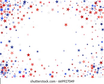 July 4 Background With Stardust Frame. Red And Blue Stars Border, American Independence Day Graphic Design. Flying Holiday Star Dust Confetti For President Day Celebration. Horizontal Banner For Text.