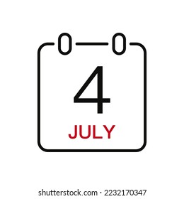July 4 date on the calendar, vector line stroke icon for user interface. Calendar with date, vector illustration.