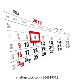 July 4, highlighted on 2017 calendar. Vector Illustration.