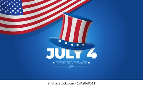 July 4 Independence Day Illustration with Uncle Sam's Hat on Blue Background and US Flag Concept