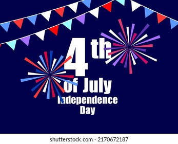 July 4 Independence Day. Text with fireworks in usa flag colors. USA national holiday. Design for greeting card, poster and banners. Vector illustration