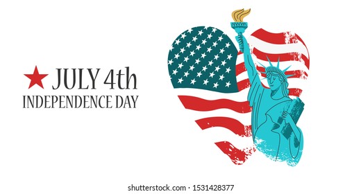 July 4 independence Day. Vector poster, greeting card. Statue of liberty with a torch in his hand on the background of the American flag in the shape of a heart.