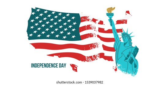 July 4 independence Day. Vector poster, greeting card. Statue of liberty with a torch in his hand on the background of the American flag.