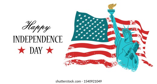 July 4 independence Day. Vector poster, greeting card. Statue of liberty with a torch in his hand on the background of the American flag.