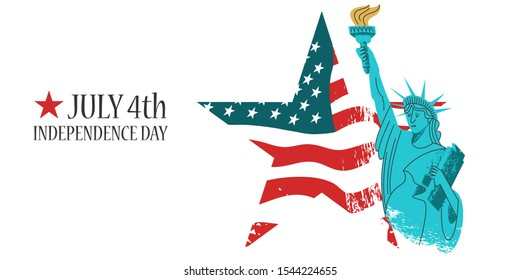 July 4 independence Day. Vector poster, greeting card. Statue of liberty with a torch in his hand on the background of the American flag in the shape of a star.