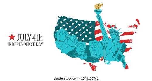 July 4 independence day. Vector illustration, poster, greeting card. Statue of liberty and memorial on mount Rushmore. American flag.