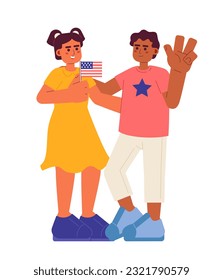 July 4 kids flat vector spot illustration. Latina girl and african american boy celebrating america independence day 2D cartoon characters on white for web UI design. Isolated editable hero image