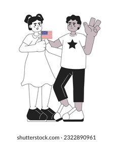 July 4 kids monochrome vector spot illustration. Latina girl and african american boy celebrating america independence day 2D flat bw cartoon characters for web UI design. Isolated editable hero image