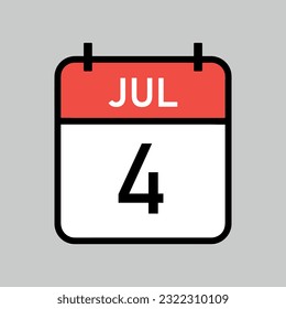 July 4, red and white color calendar page with black outline, calendar date vector illustration