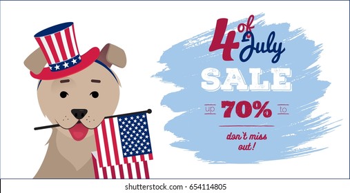 July 4 sale poster. Dog in hat holding usa flag with mouth. 4th of July Independence day funny background. Vector flat illustration