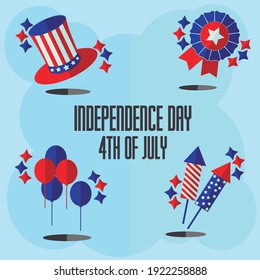 July 4. United States Independence Day. Collection items, hat, fireworks, balloons and stars. Blue and red, vector