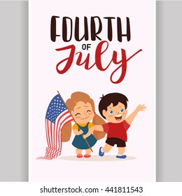 July 4 US Independence Day, happy children, a boy and girl holding the flag, smiling, vector