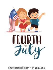 July 4 US Independence Day, happy children, a boy and girl holding the flag, smiling, vector