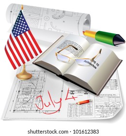July 4th Architectural Background. Part of architectural project, architectural plan, technical project, drawing technical letters, architect at work, architecture planning on paper, construction plan