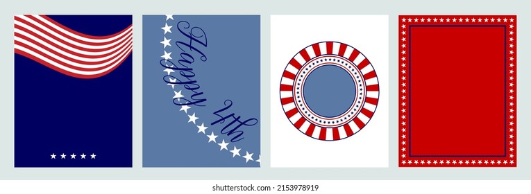 July 4th background designs, 4th of July and memorial day USA in red white and blue flag colors, patriotic background vector set, striped red and white banner with stars, text saying Happy 4th