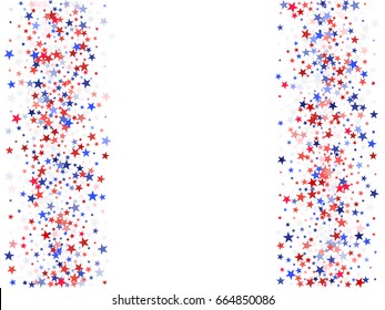 July 4th background with stardust frame. Red and blue stars vertical border for American Independence Day graphic design. Flying holiday confetti for President Day celebration.