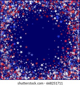 July 4th background with stardust square frame. Red and blue and white stars border for American Independence Day graphic design. Flying holiday confetti for President Day celebration. Text place.