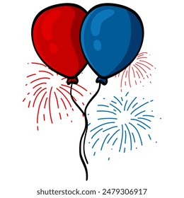 July 4th Balloon and Fireworks Drawing Vector Illustration